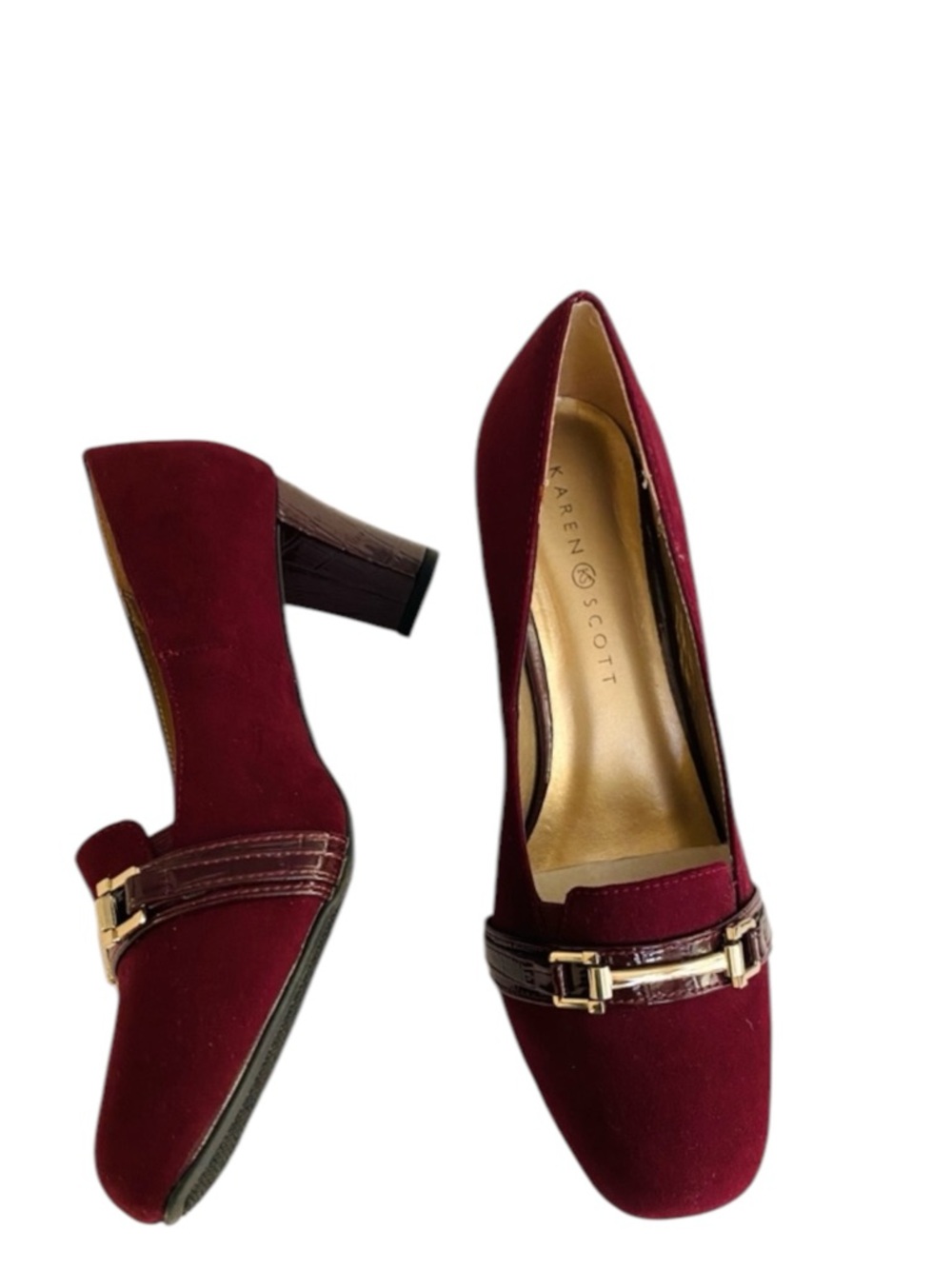 Karen Scott Women's Burgundy Heels Pumps Gold Buckle Accent Size 9
